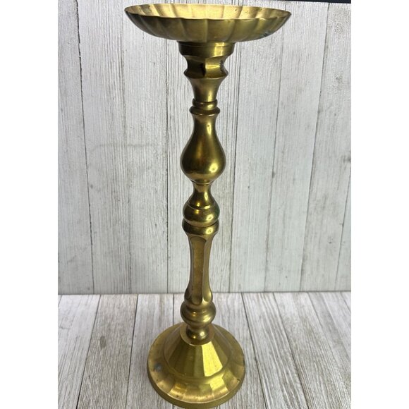 Vintage Brass Large Pillar Candle Stick Holder Scalloped Top 15" Tall Home Decor - Picture 2 of 8